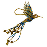 Hummingbird Beaded Ornament - Gold with Sapphire Blue and Celestial Blue