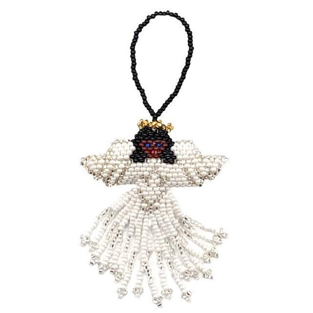 Angel Beaded Ornament - Brown Face, Black Hair, White Skirt - A Thread of Hope Guatemalan Fair Trade