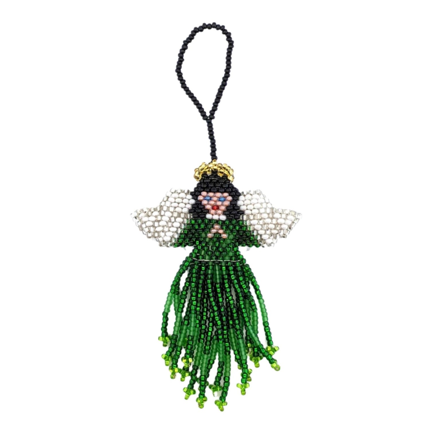 Angel Beaded Ornament - White Face, Black Hair, a Variety of Skirt Colors - A Thread of Hope Guatemalan Fair Trade