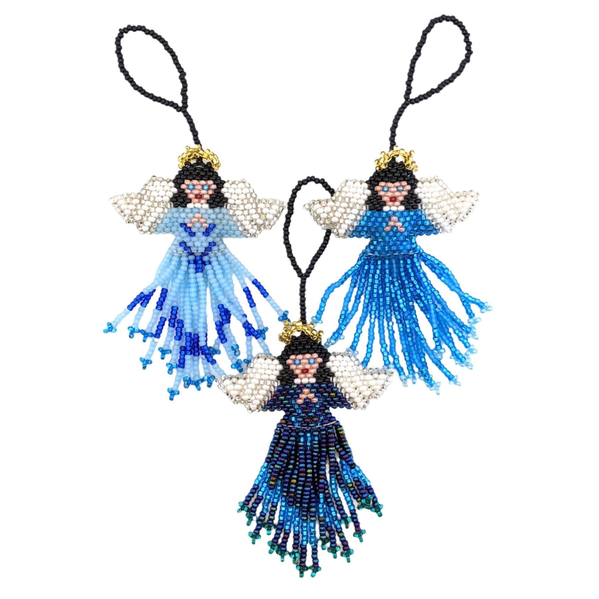 Angel Beaded Ornament - White Face, Black Hair, a Variety of Skirt Colors - A Thread of Hope Guatemalan Fair Trade