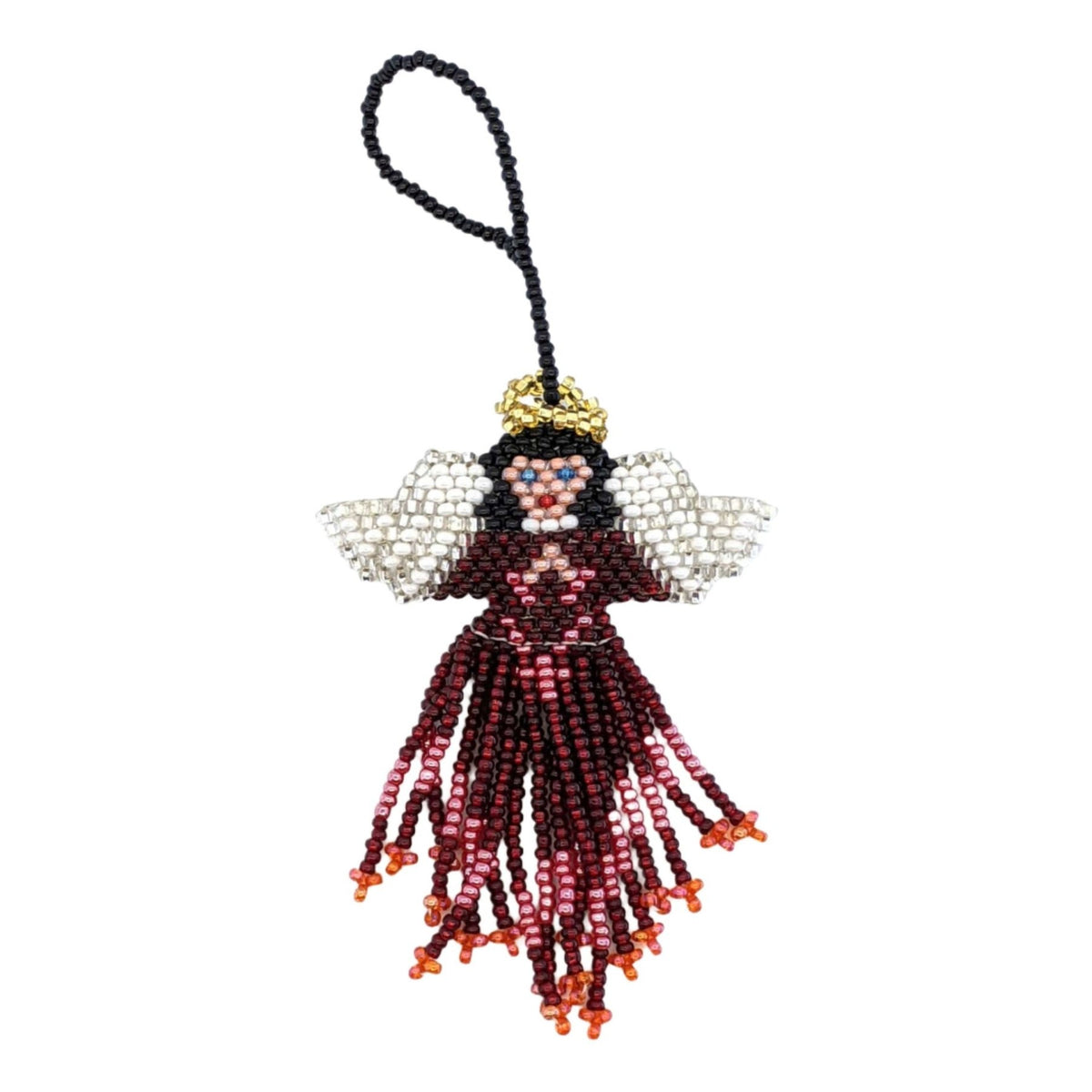 Angel Beaded Ornament - White Face, Black Hair, a Variety of Skirt Colors - A Thread of Hope Guatemalan Fair Trade