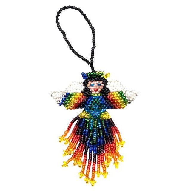 Angel Beaded Ornament - White Face, Black Hair, Rainbow Skirt - A Thread of Hope Guatemalan Fair Trade