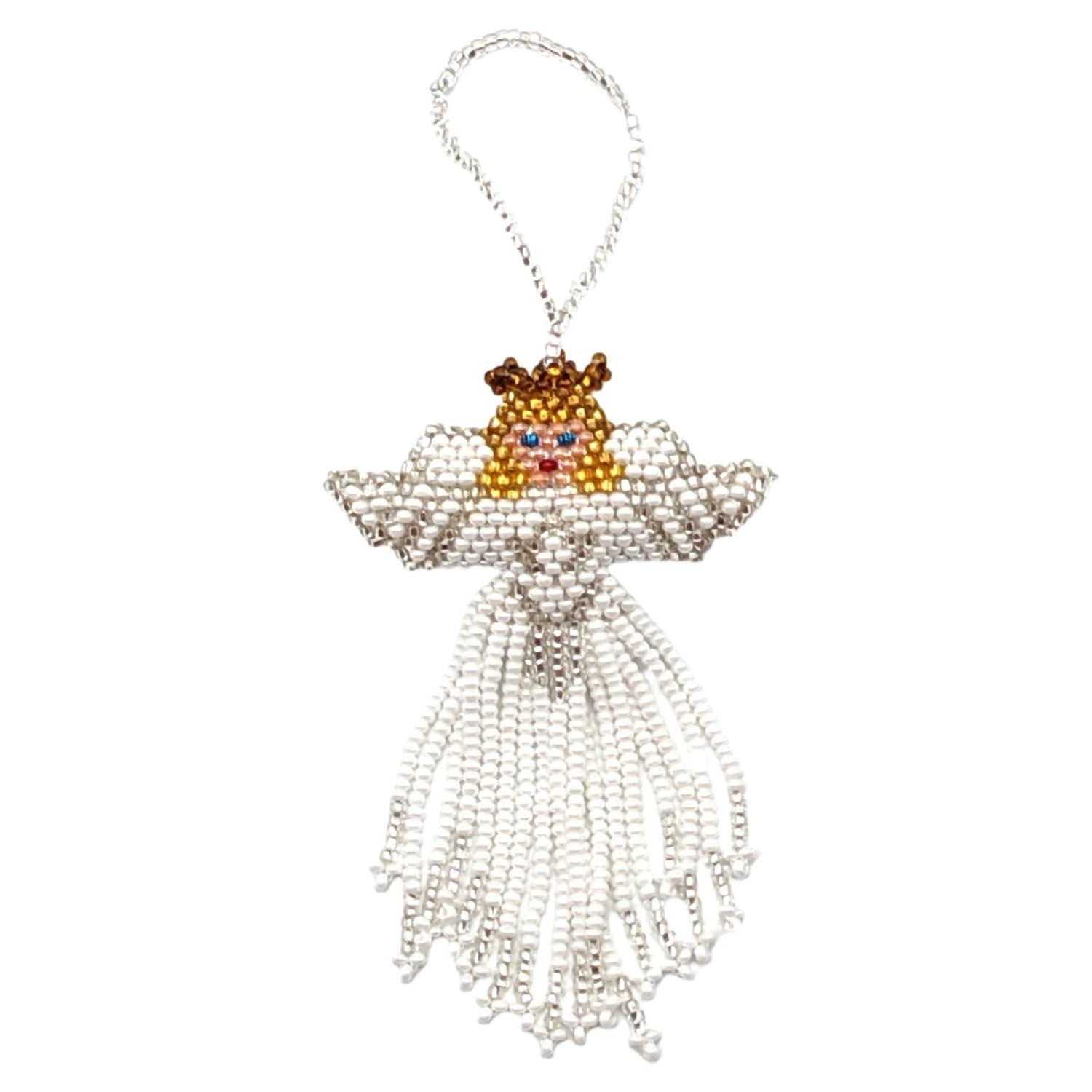 Angel Beaded Ornament - White Face, Blonde Hair, White Skirt - A Thread of Hope Guatemalan Fair Trade