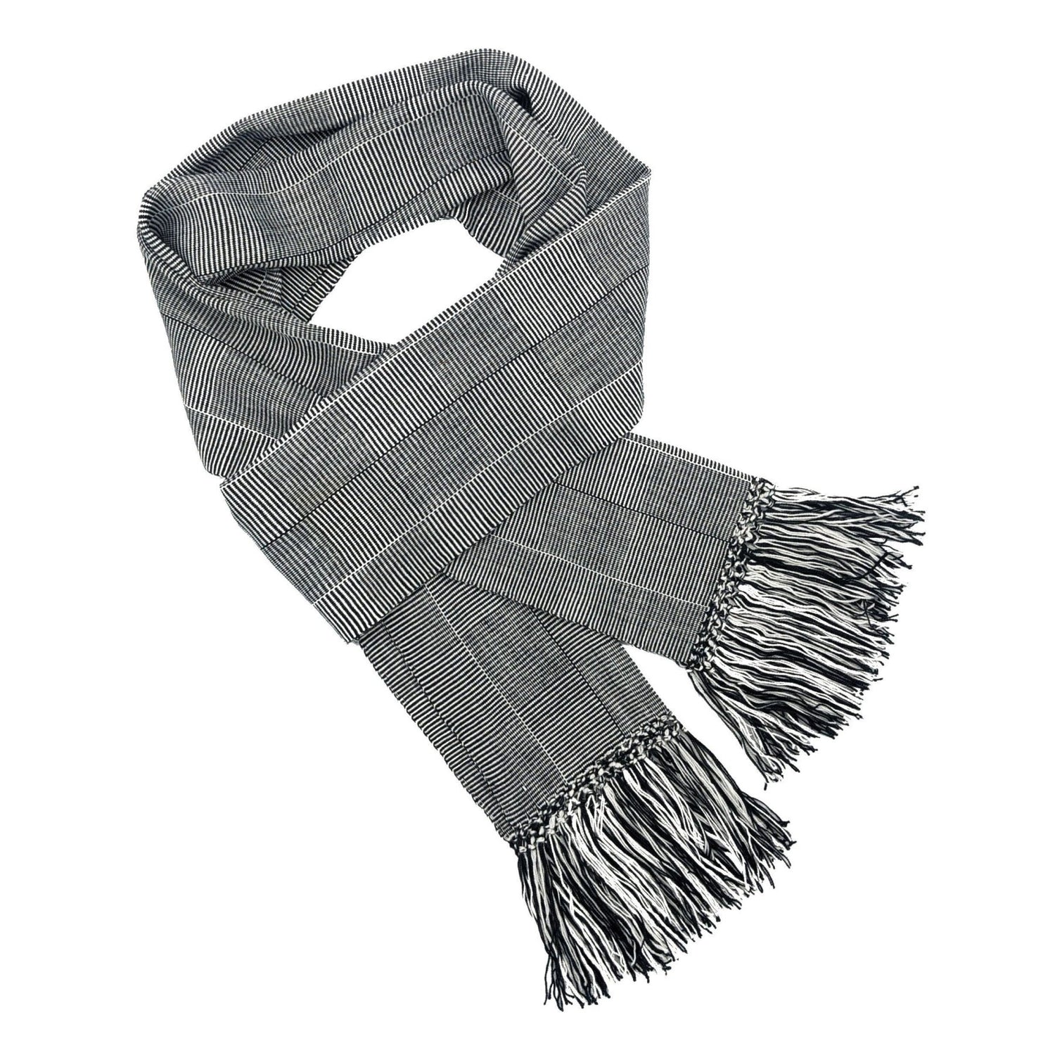 Black and White Log Cabin Weave Lightweight Bamboo Handwoven Scarf 8 x 68 - A Thread of Hope Guatemalan Fair Trade