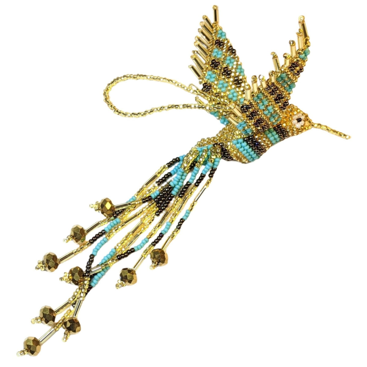 Hummingbird Beaded Ornament - Gold, Turquoise, and Iridescent Brown - A Thread of Hope Guatemalan Fair Trade