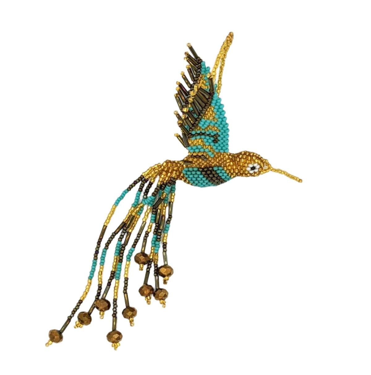 Hummingbird Beaded Ornament - Gold, Turquoise, and Iridescent Brown - A Thread of Hope Guatemalan Fair Trade