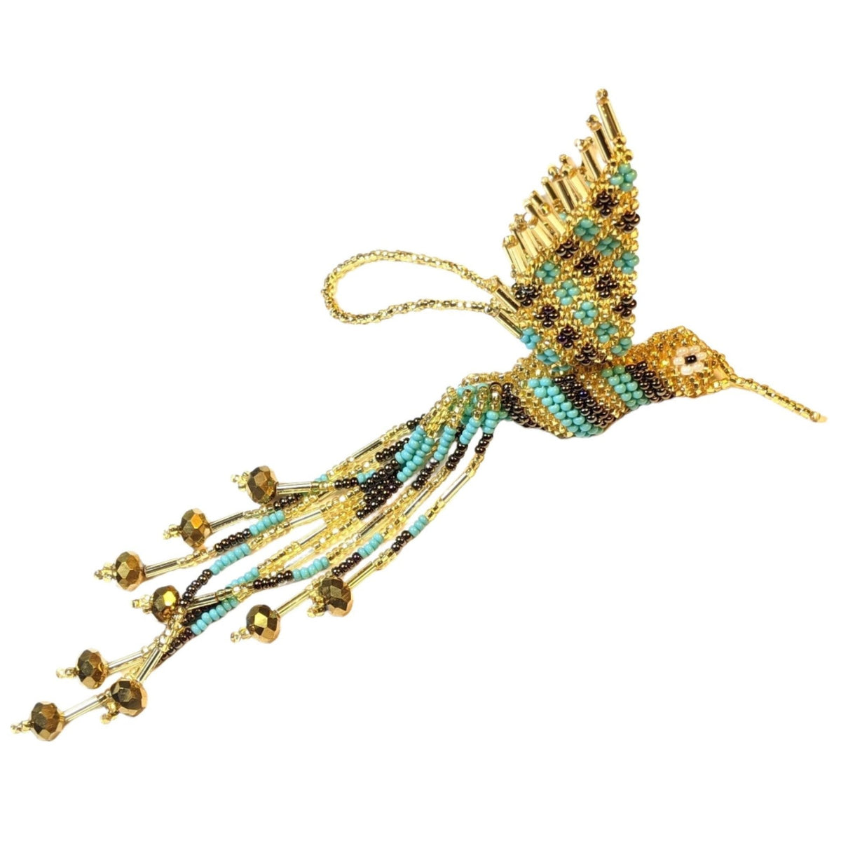 Hummingbird Beaded Ornament - Gold, Turquoise, and Iridescent Brown - A Thread of Hope Guatemalan Fair Trade