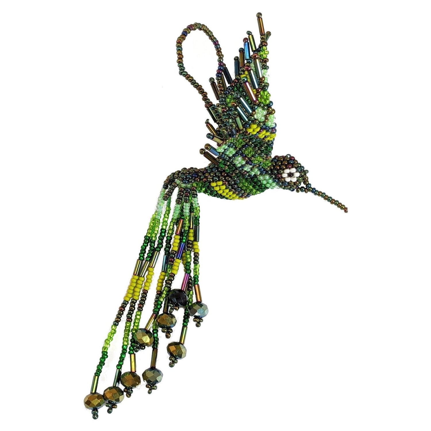 Hummingbird Beaded Ornament - Greens and Iridescent Green - A Thread of Hope Guatemalan Fair Trade