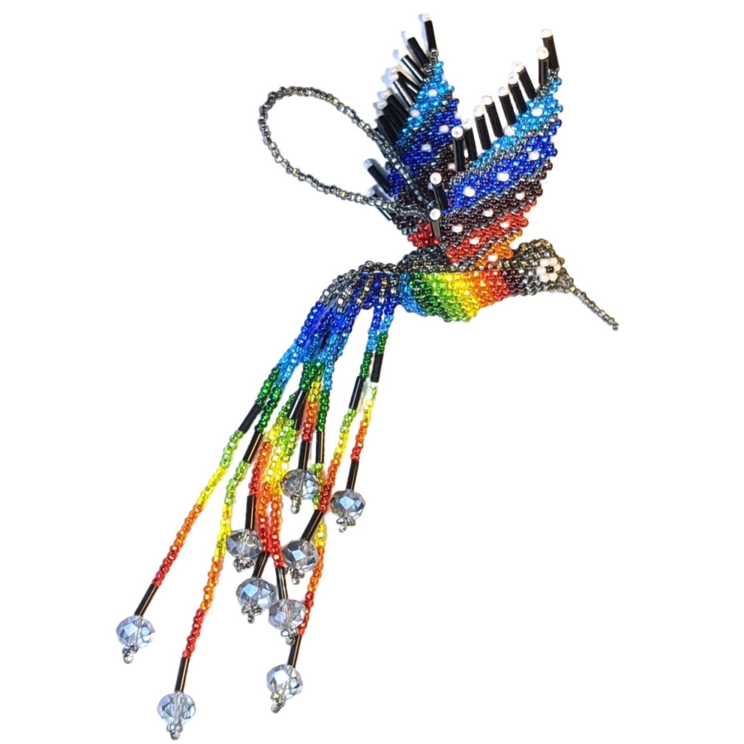 Hummingbird Beaded Ornament - Rainbow with Silver Gray and Pearl White Accents - A Thread of Hope Guatemalan Fair Trade