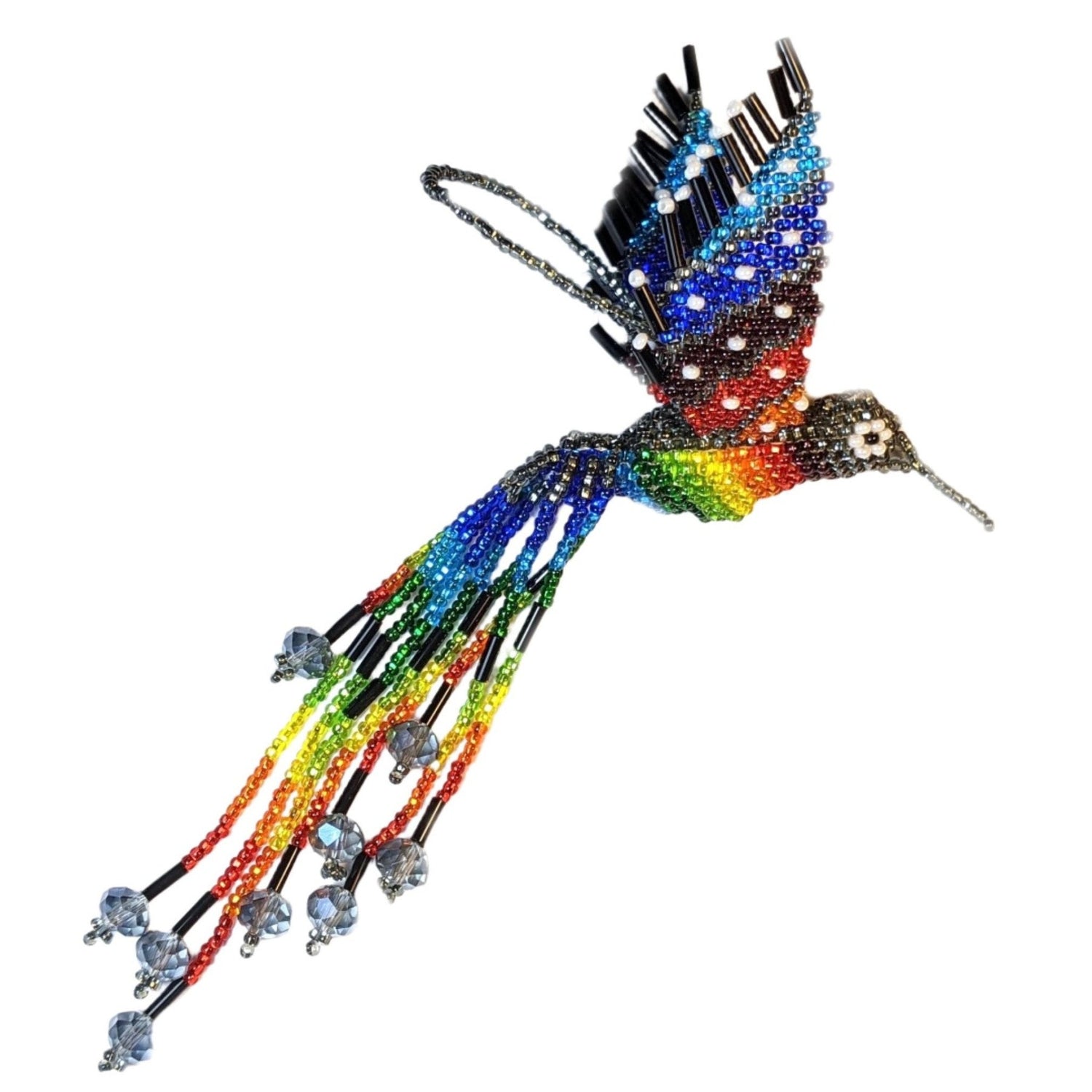 Hummingbird Beaded Ornament - Rainbow with Silver Gray and Pearl White Accents - A Thread of Hope Guatemalan Fair Trade