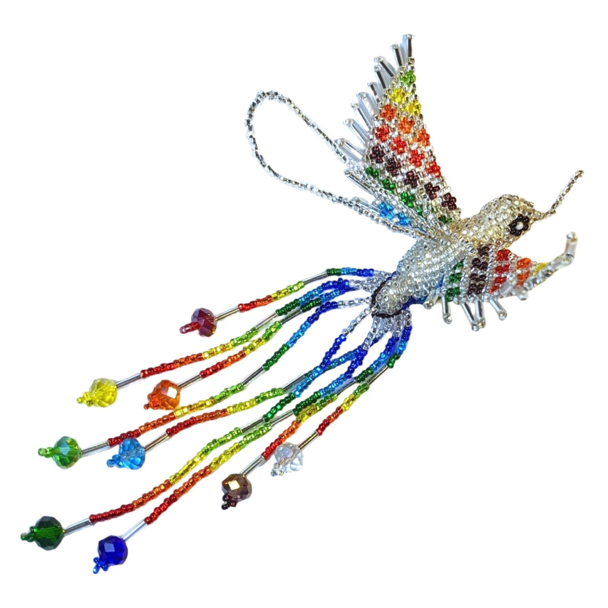 Hummingbird Beaded Ornament - Rainbow with Silver White - A Thread of Hope Guatemalan Fair Trade