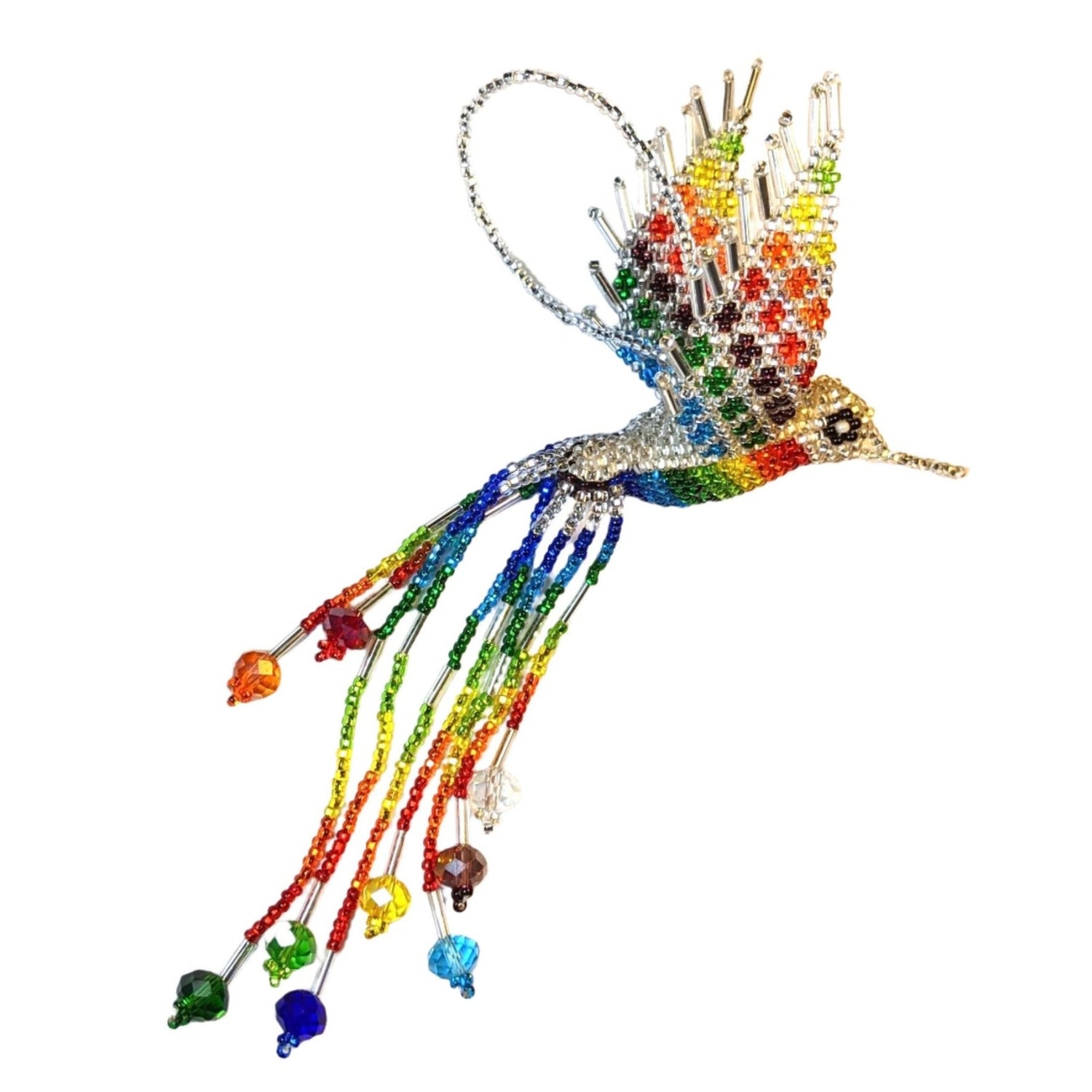 Hummingbird Beaded Ornament - Rainbow with Silver White - A Thread of Hope Guatemalan Fair Trade