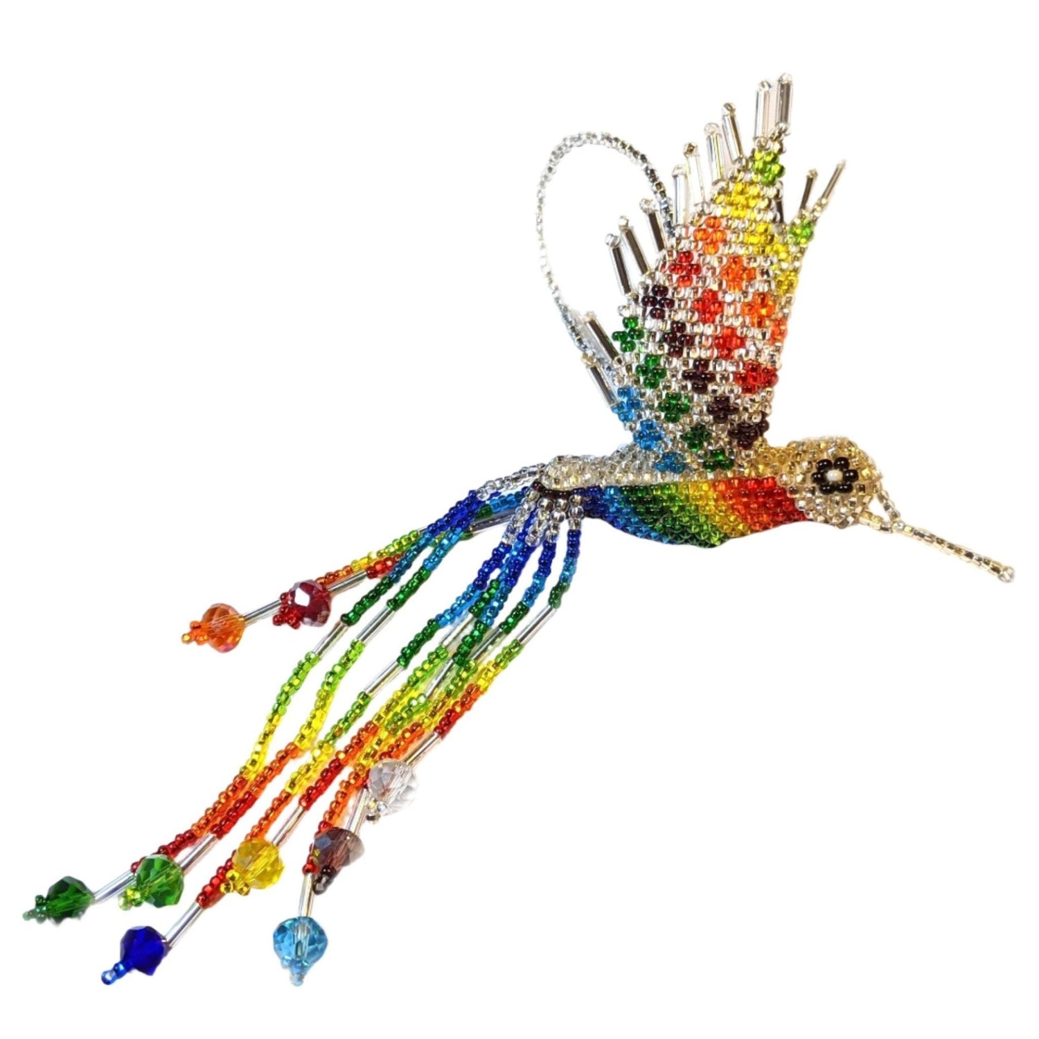 Hummingbird Beaded Ornament - Rainbow with Silver White - A Thread of Hope Guatemalan Fair Trade