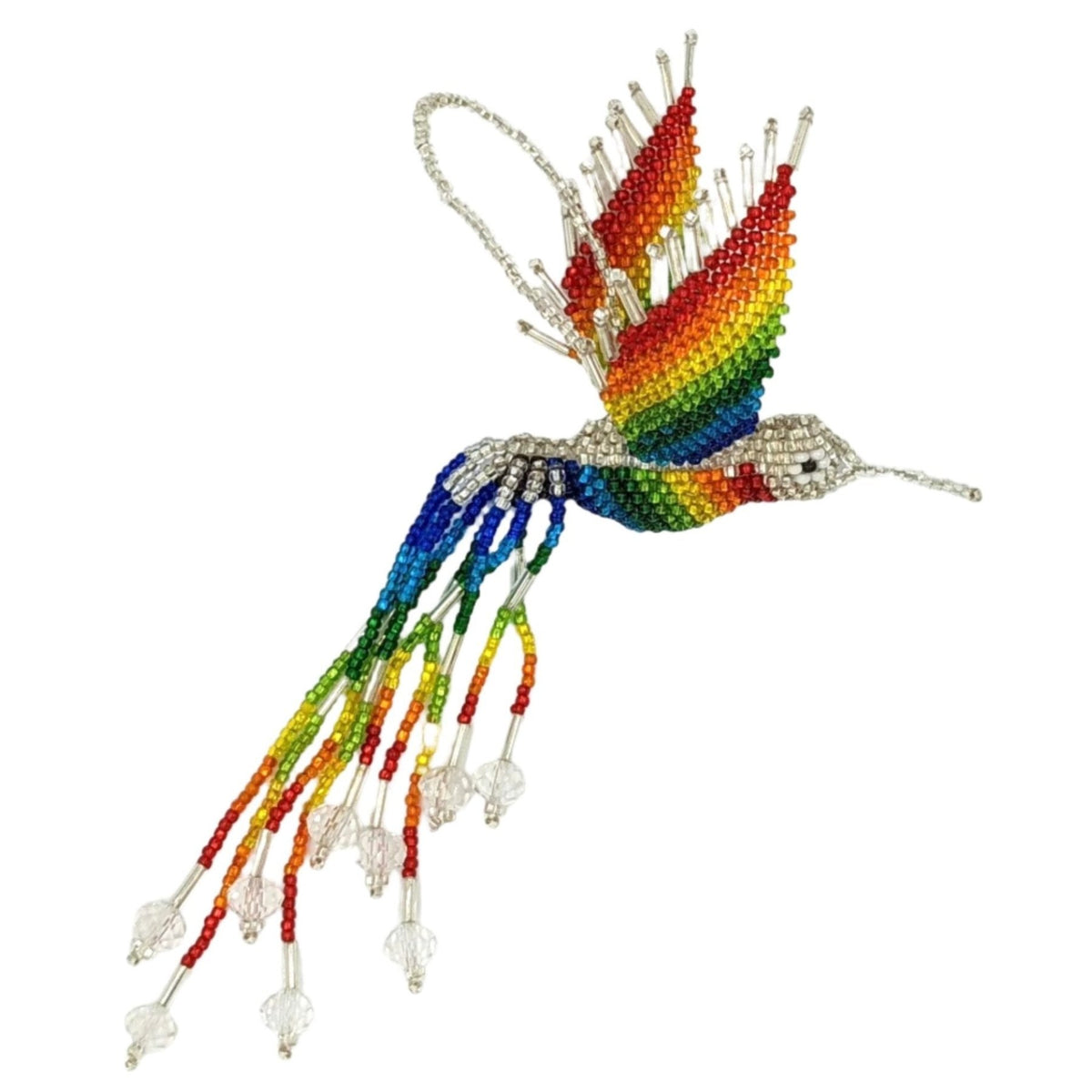 Hummingbird Beaded Ornament - Rainbow with Silver White - A Thread of Hope Guatemalan Fair Trade