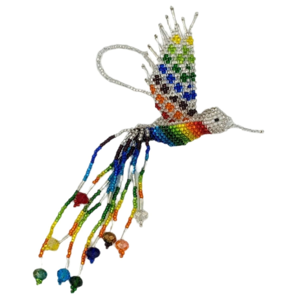 Hummingbird Beaded Ornament - Rainbow with Silver White - A Thread of Hope Guatemalan Fair Trade