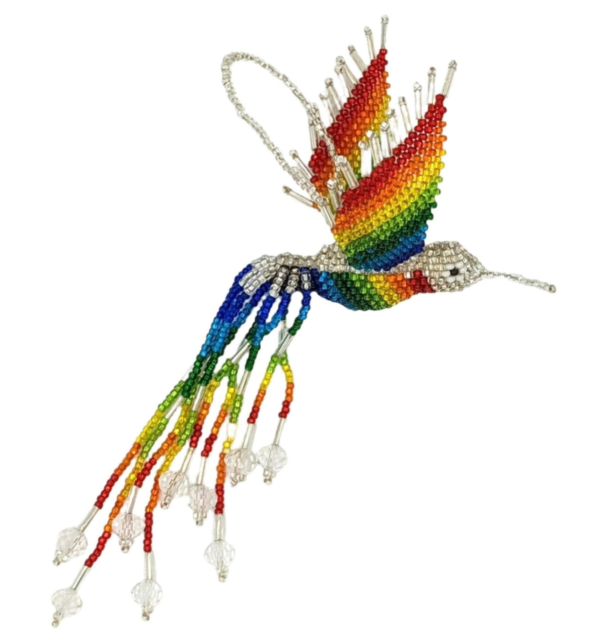 Hummingbird Beaded Ornament - Rainbow with Silver White - A Thread of Hope Guatemalan Fair Trade