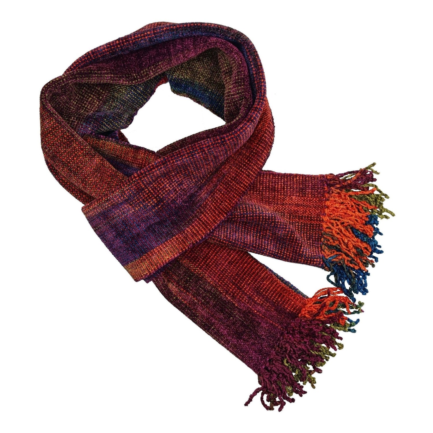 Orange, Blue, Burgundy and Olive Bamboo Chenille Handwoven Scarf 8 x 68 - A Thread of Hope Guatemalan Fair Trade