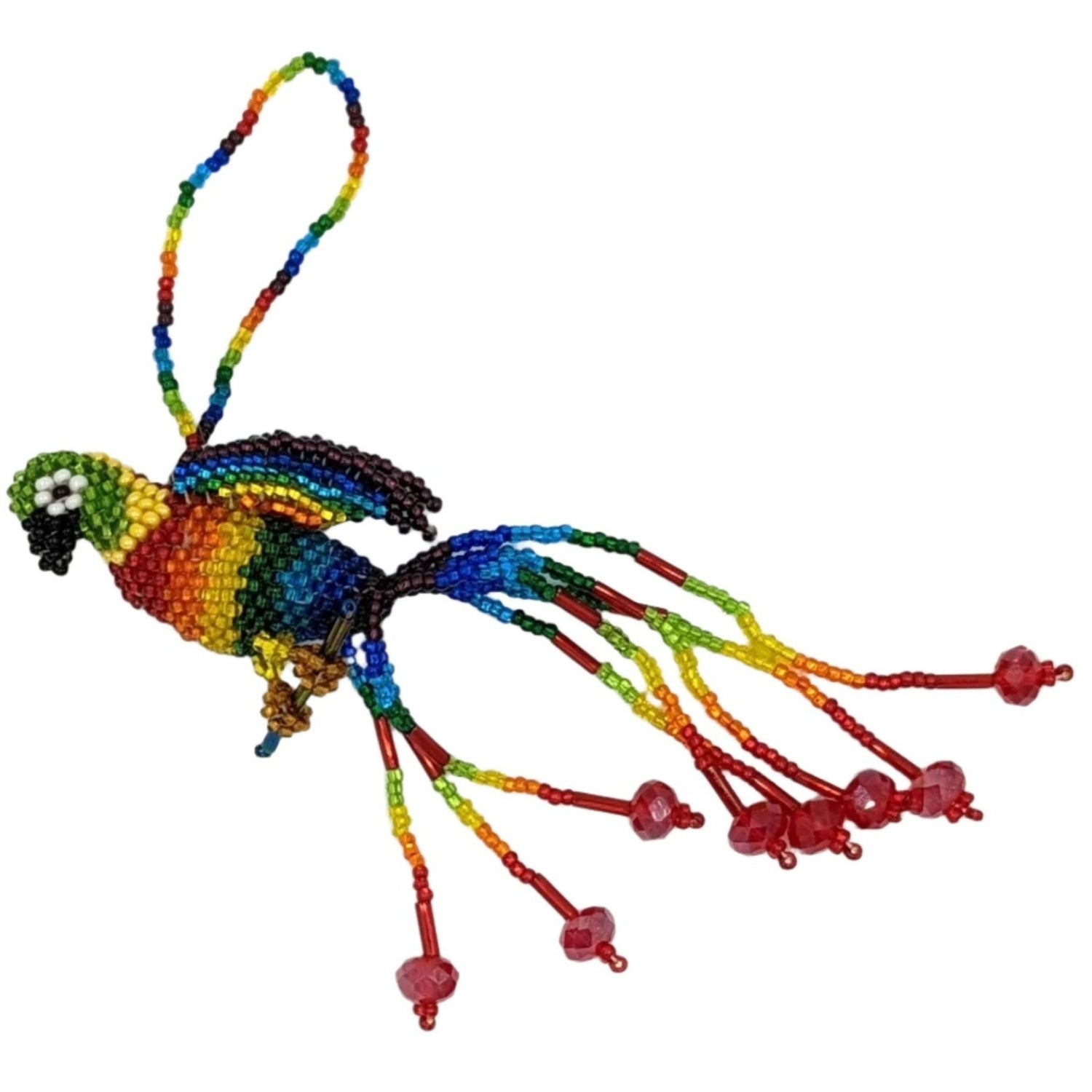 Parrot Beaded Ornament - Rainbow with Red Crystals - A Thread of Hope Guatemalan Fair Trade