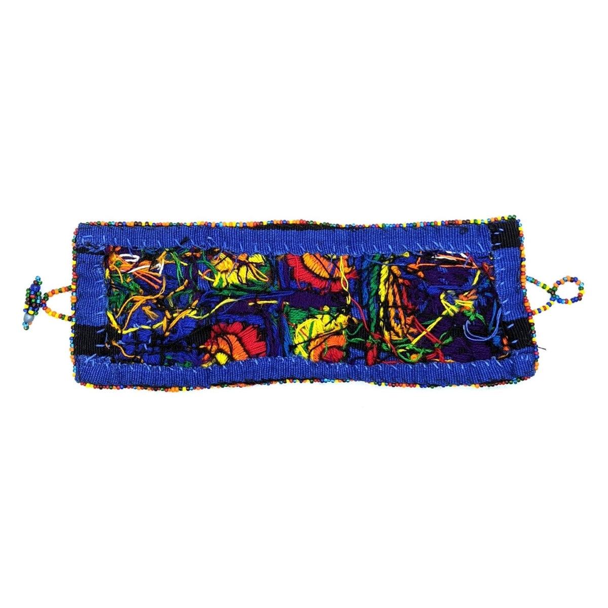 Rainbow Maya Gods and Symbols Hand - Embroidered Bracelet with Glass Beads Closure - A Thread of Hope Guatemalan Fair Trade