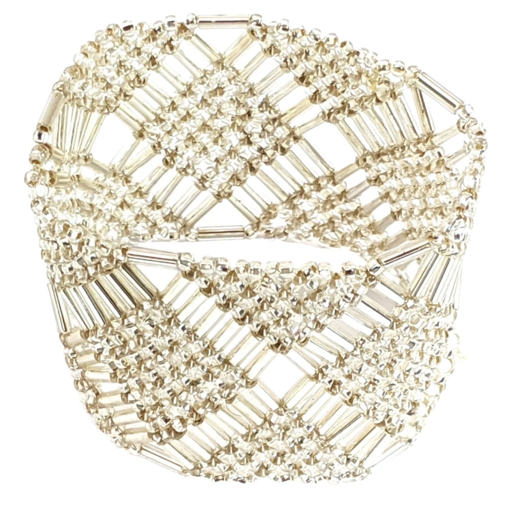 Silver White Beaded Elastic Geometric Cuff - A Thread of Hope Guatemalan Fair Trade
