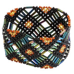 Sophisticated Autumn with Iridescent Green Beaded Elastic Geometric Cuff - A Thread of Hope Guatemalan Fair Trade