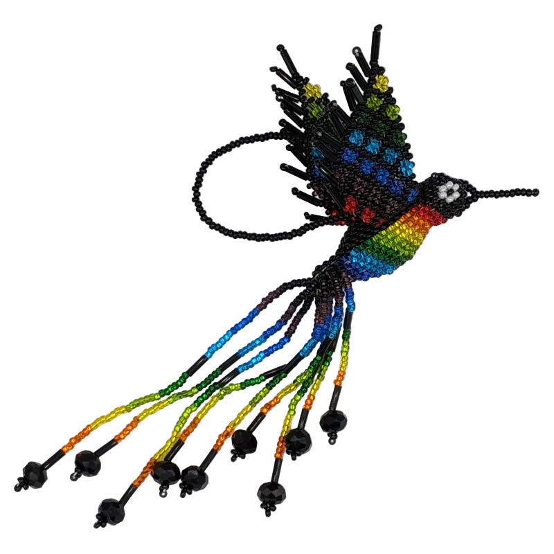 Hummingbird Beaded Ornament - Rainbow with Black