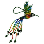 A handmade beaded hummingbird ornament featuring a vibrant rainbow body, green and rainbow wings with white dots, and long trailing rainbow beaded tails with green crystal beads, shown on a plain white background.