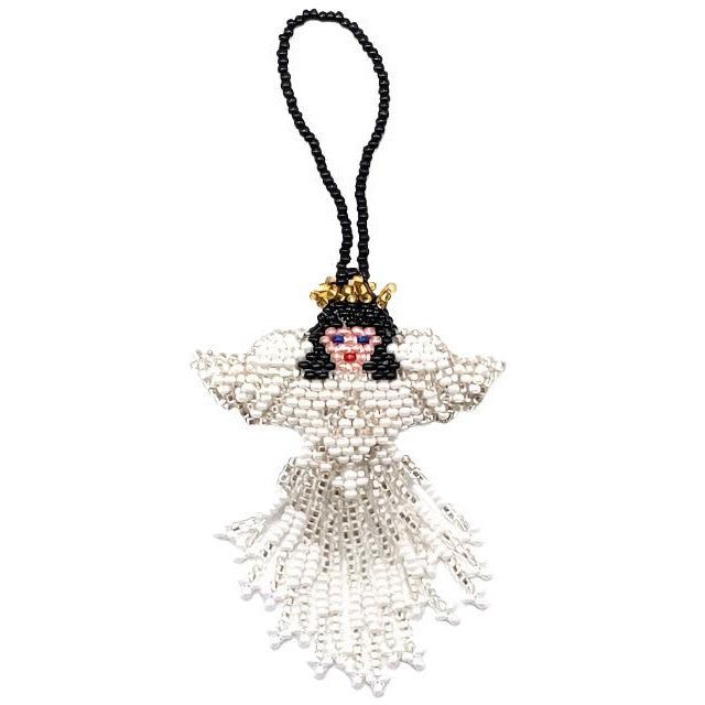 Angel Beaded Ornament - White Face - Black Hair - with White Skirt - A Thread of Hope Guatemalan Fair Trade