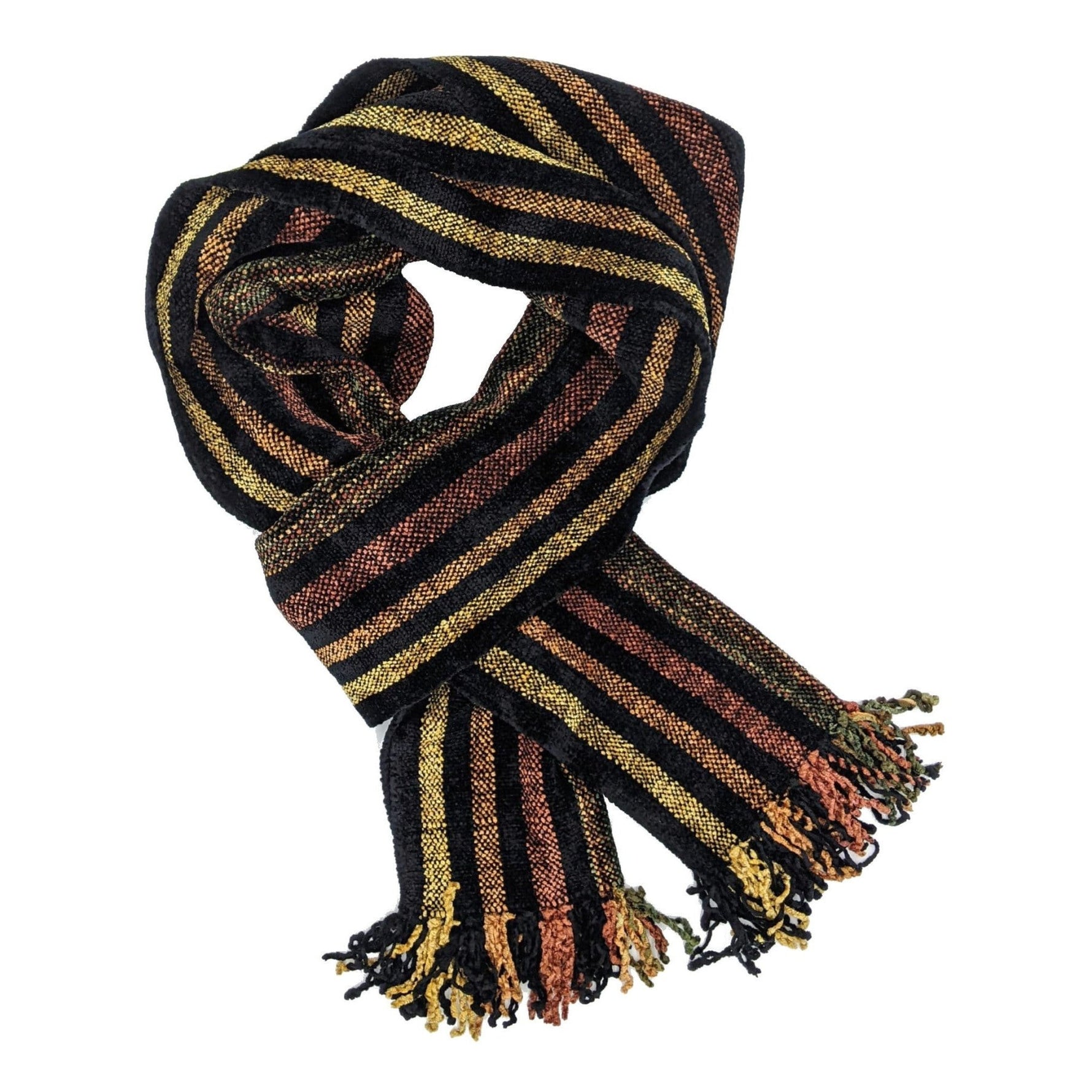 Black and Autumn Stripes Bamboo Chenille Handwoven Scarf - A Thread of Hope Guatemalan Fair Trade