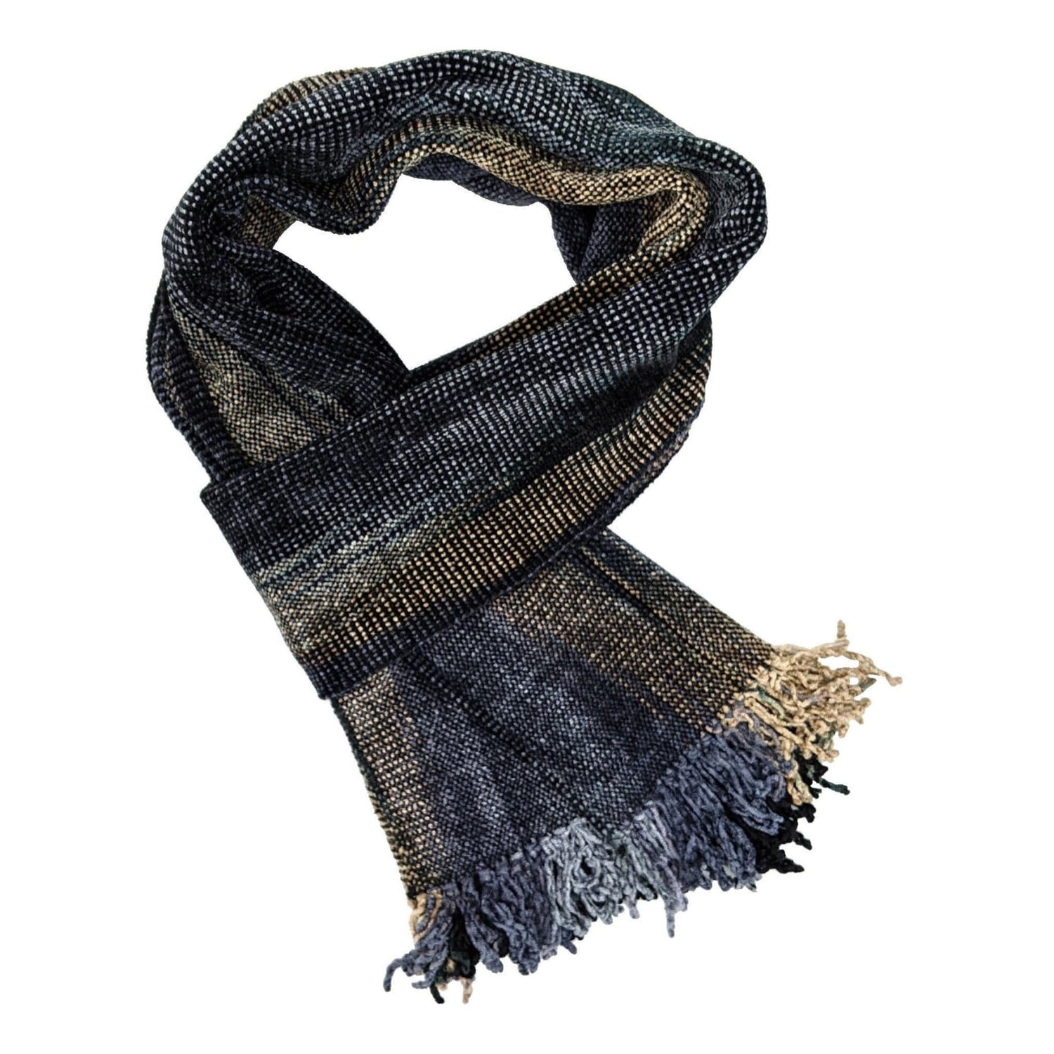 Black, Gray, and Beige Bamboo Chenille Handwoven Scarf 8 x 68 - A Thread of Hope Guatemalan Fair Trade