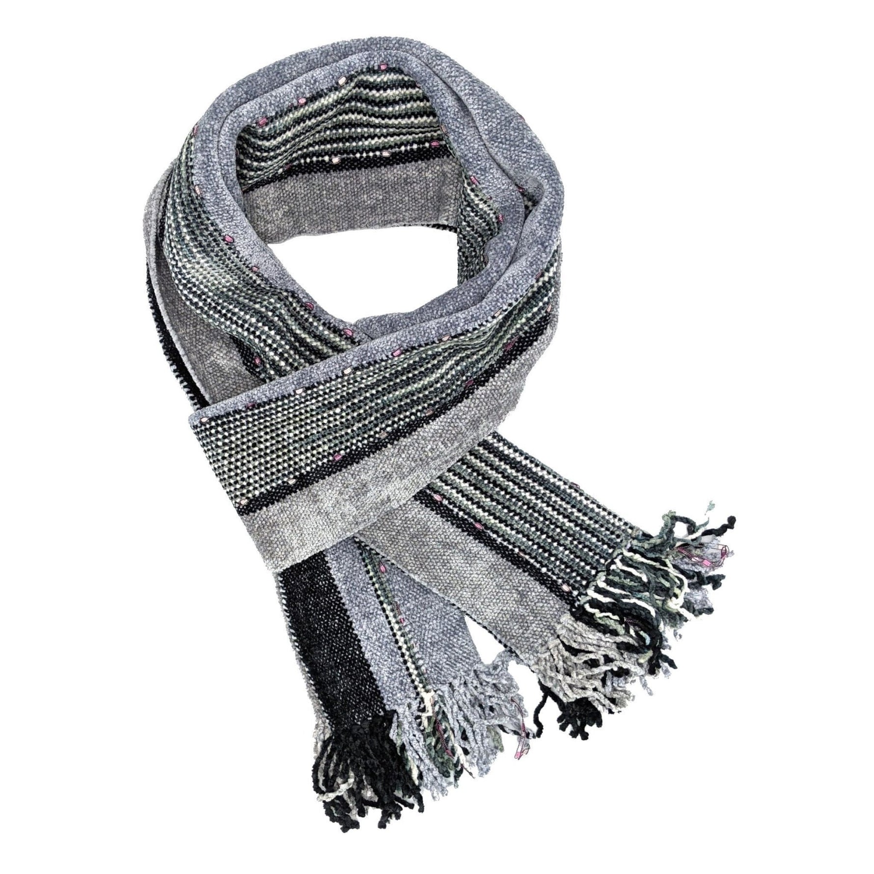 Black, Gray and White Stripes with Ornamental Yarn Accents Bamboo Chenille Handwoven Scarf 8 x 68 - A Thread of Hope Guatemalan Fair Trade