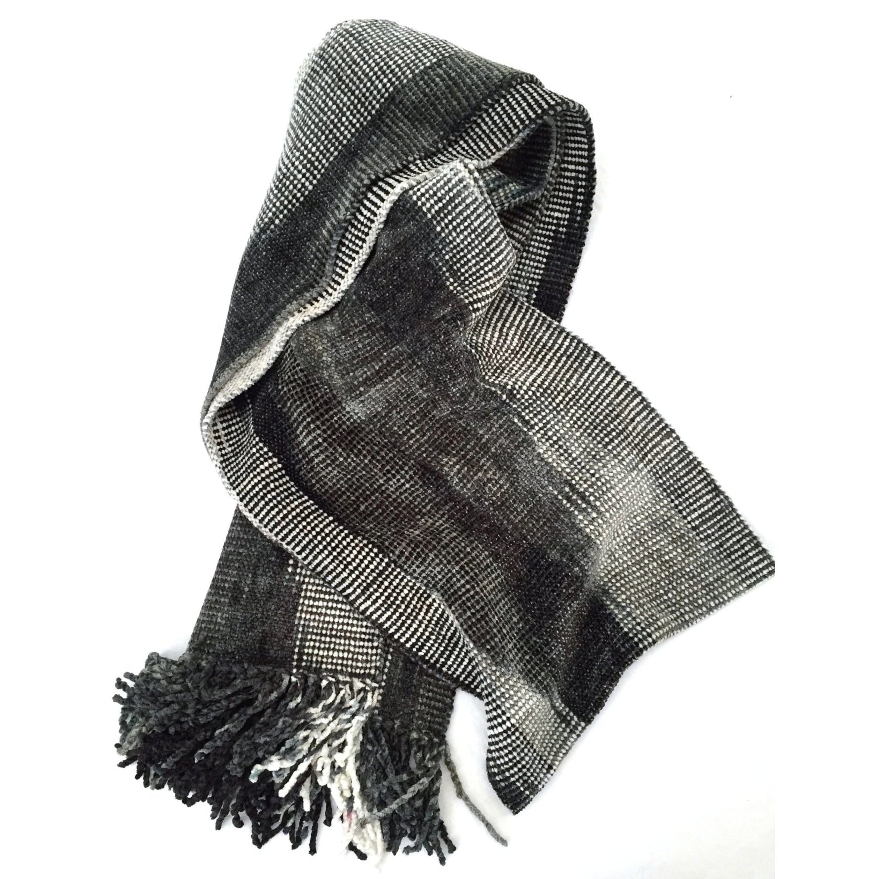 Black, White and Grays Bamboo Chenille Handwoven Scarf 8 x 68 - A Thread of Hope Guatemalan Fair Trade