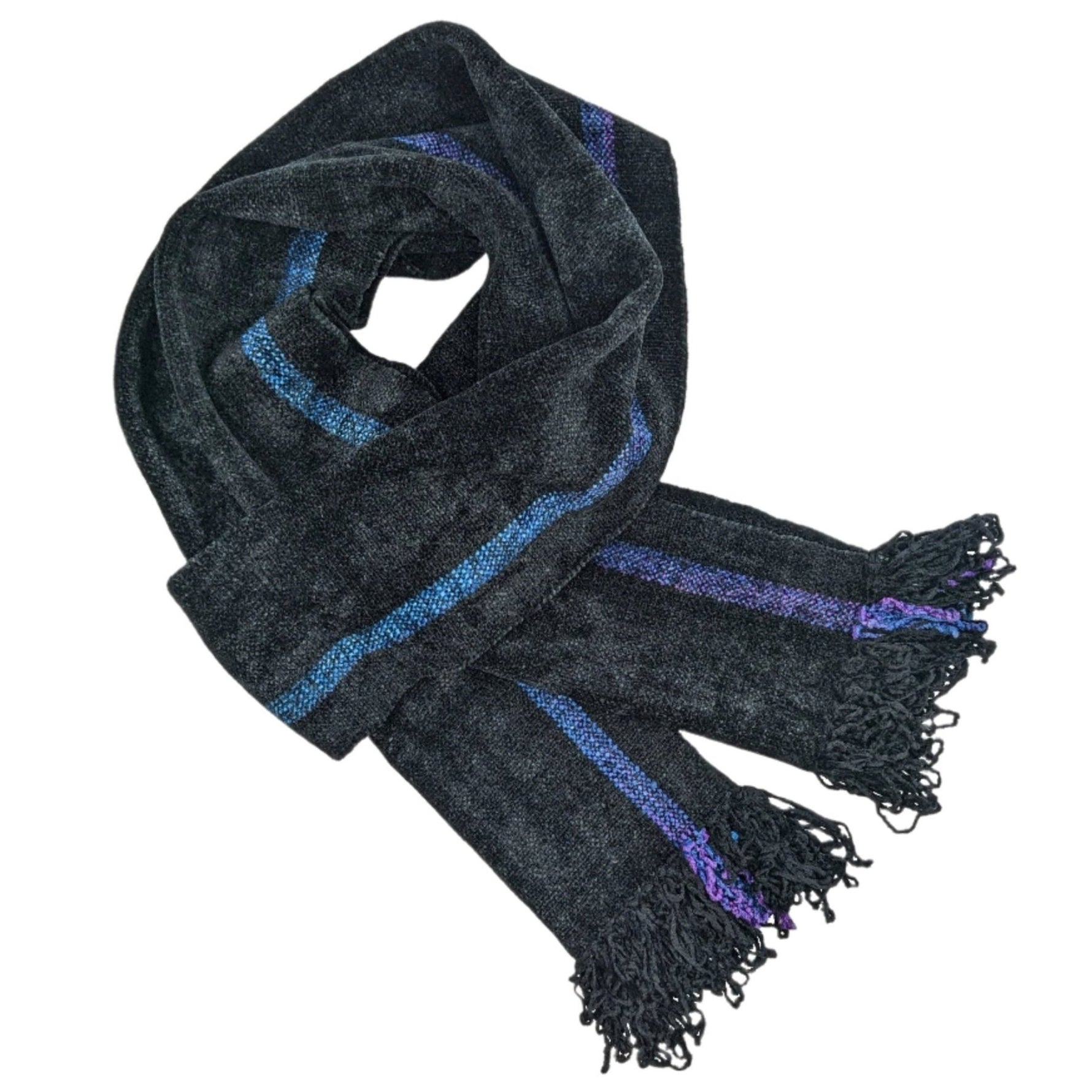 Black with Blue and Purple Stripes Bamboo Chenille Handwoven Scarf 8 x 68 - A Thread of Hope Guatemalan Fair Trade