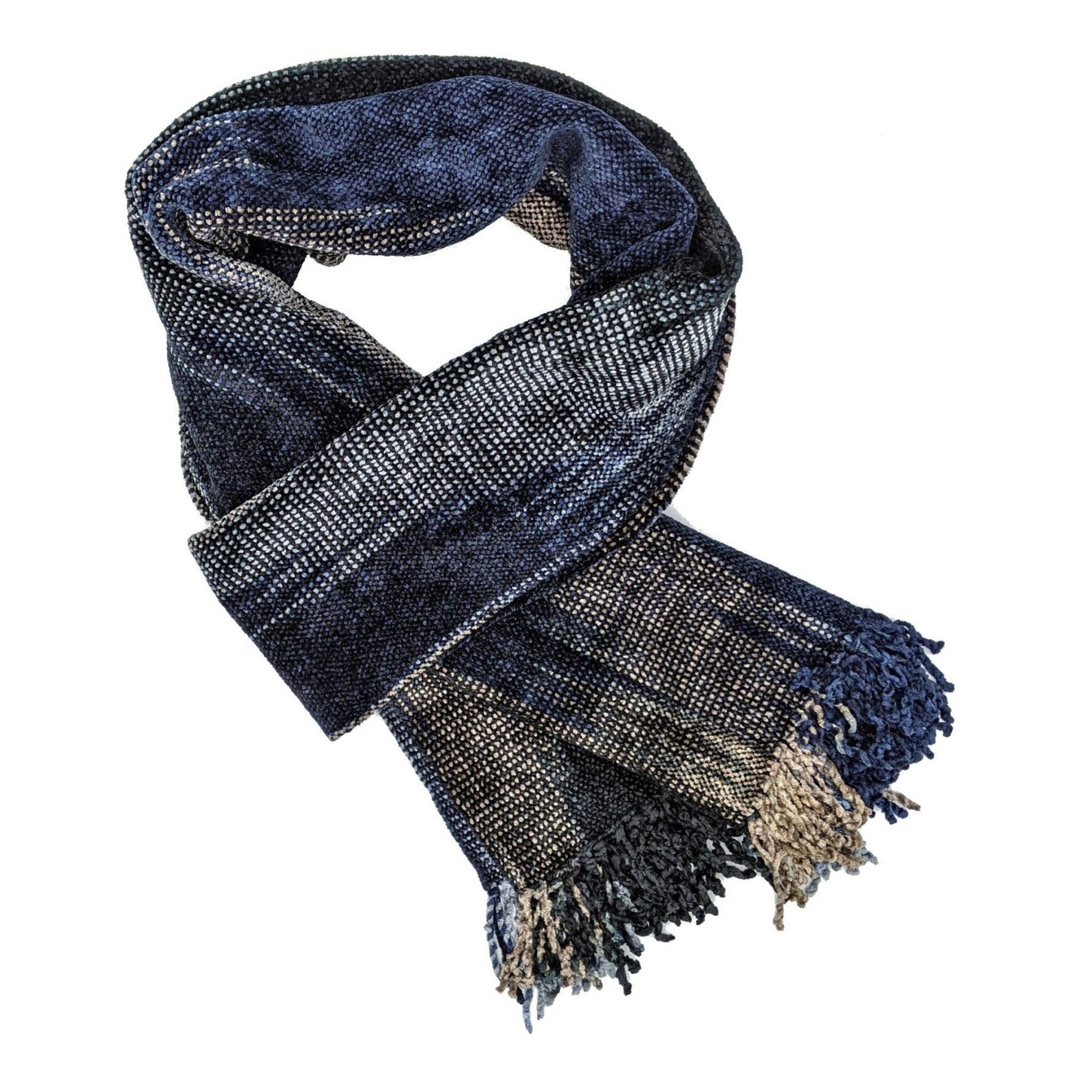 Blue, Grays and Black Bamboo Chenille Handwoven Scarf 8 x 68 - A Thread of Hope Guatemalan Fair Trade