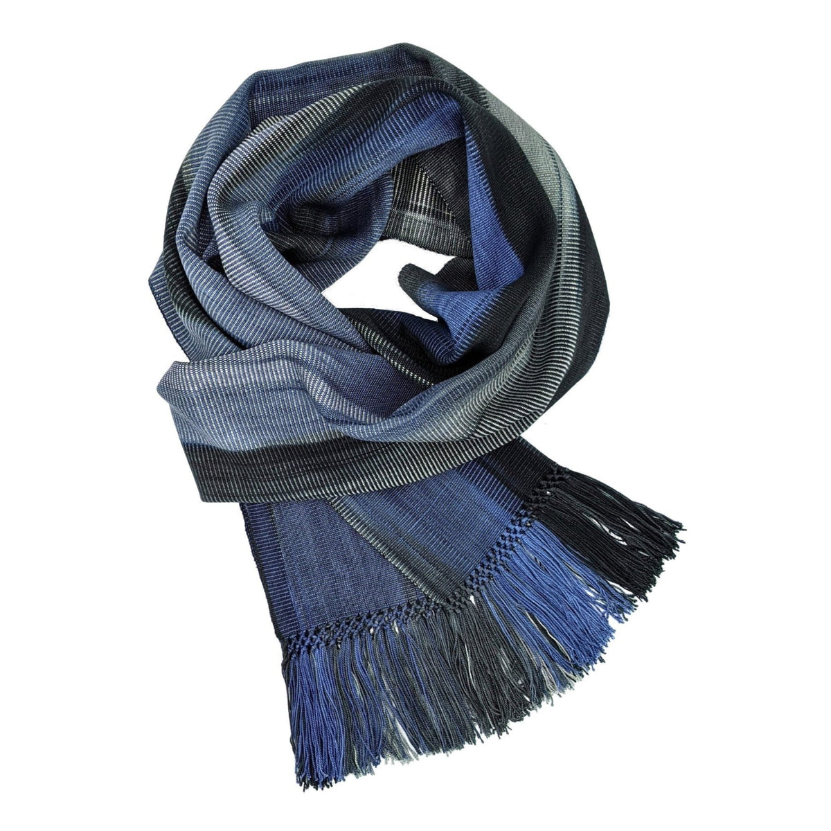 Blue, Grays and Black Lightweight Bamboo Handwoven Scarf 8 x 68 - A Thread of Hope Guatemalan Fair Trade