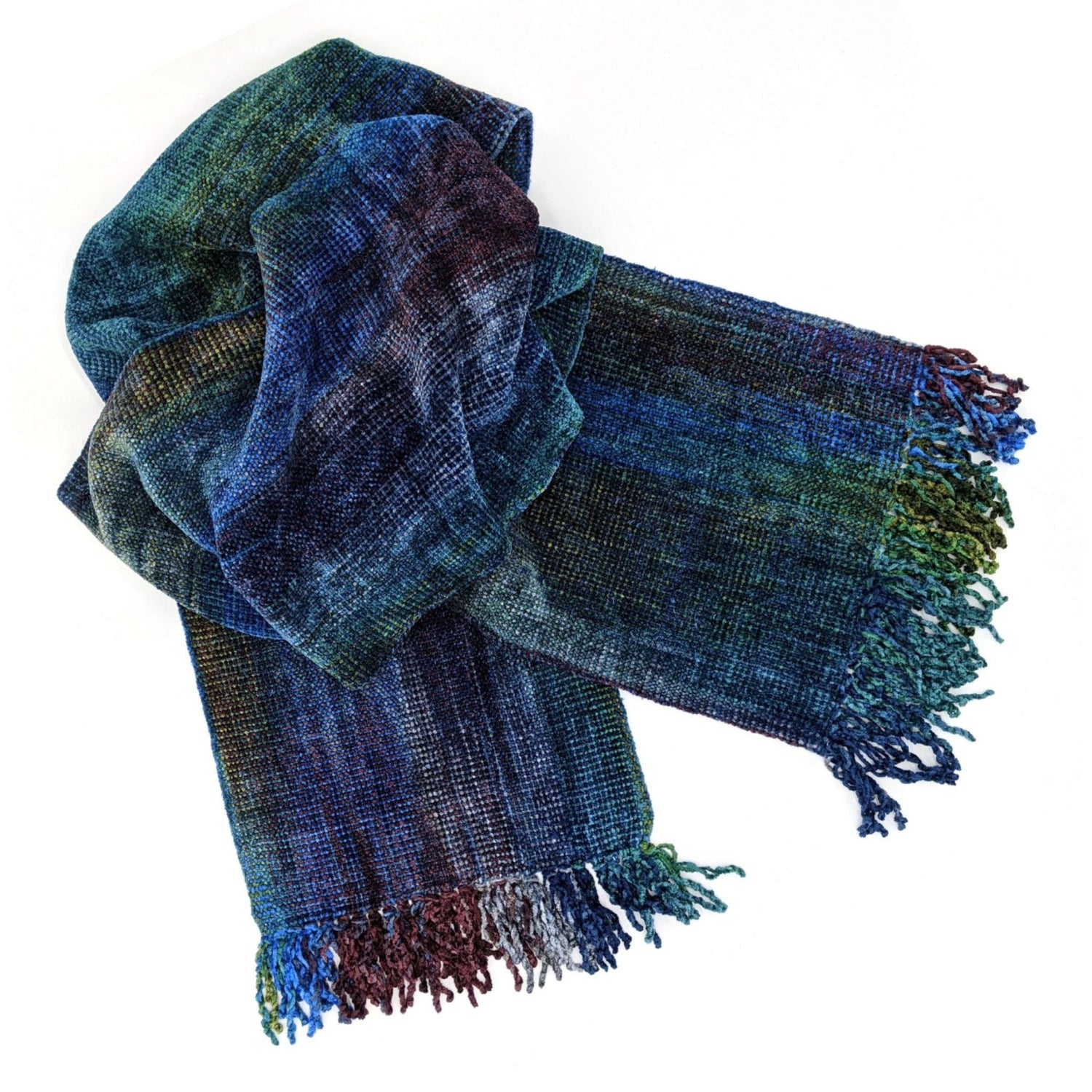 Blue, Green, Burgundy and Gray Bamboo Chenille Handwoven Scarf 8 x 68 - A Thread of Hope Guatemalan Fair Trade