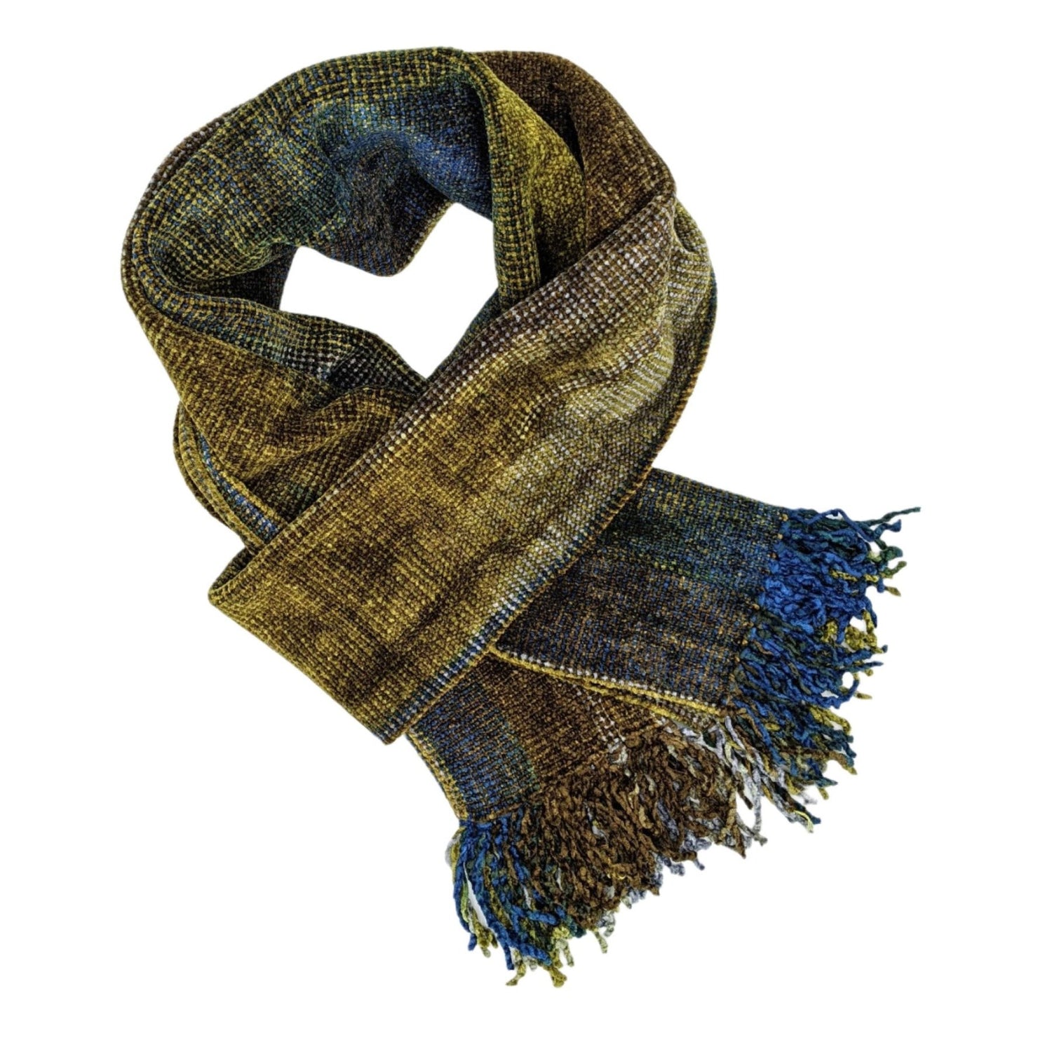 Blue, Olive, Gray, and Brown Bamboo Chenille Handwoven Scarf 8 x 68 - A Thread of Hope Guatemalan Fair Trade