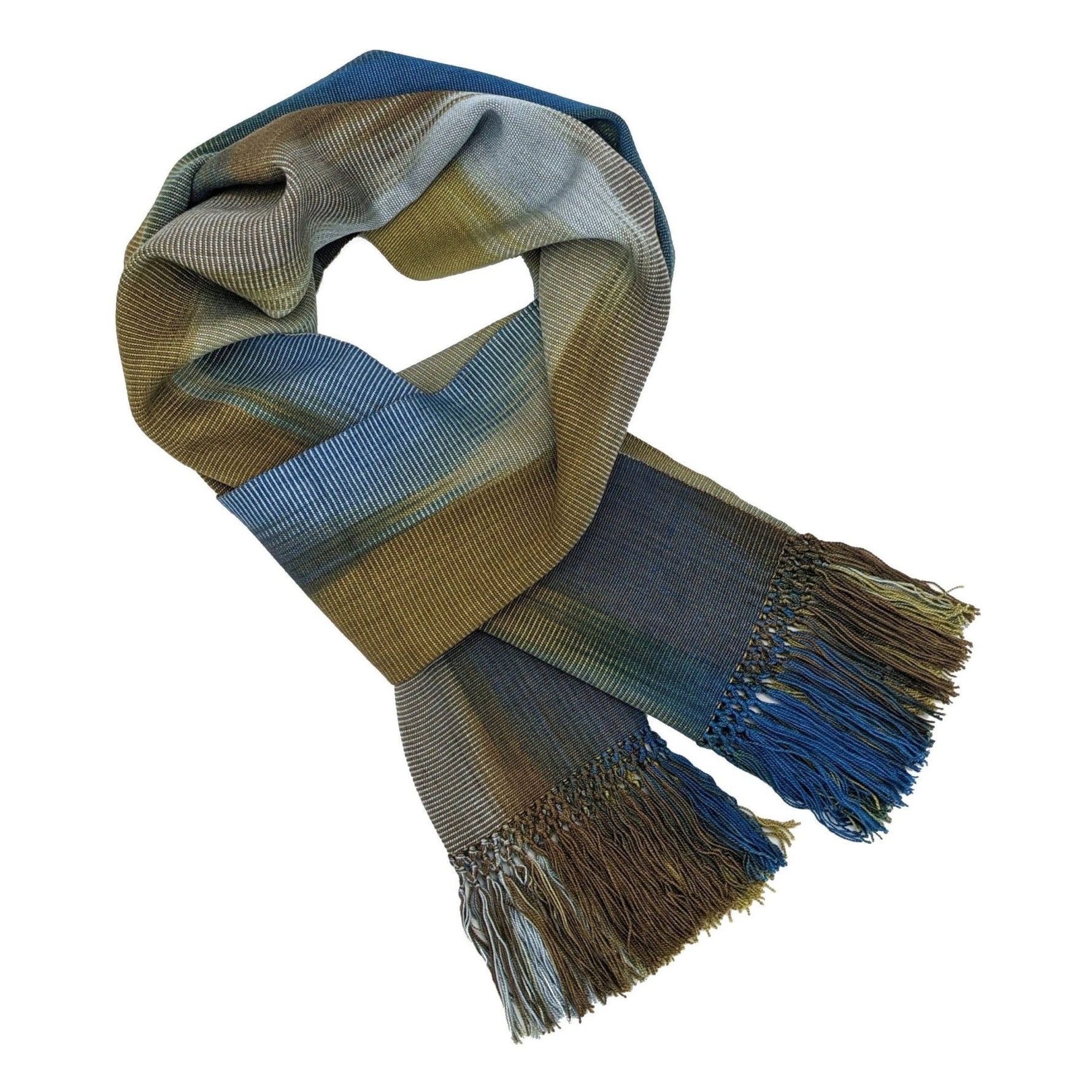 Blue, Olive, Gray and Brown Lightweight Bamboo Handwoven Scarf 8 x 68 - A Thread of Hope Guatemalan Fair Trade