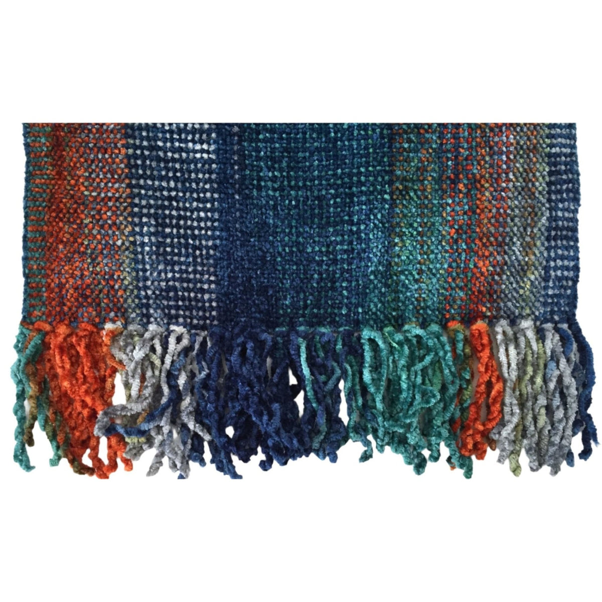 Blue, Orange and Gray Bamboo Chenille Handwoven Scarf 8 x 68 - A Thread of Hope Guatemalan Fair Trade