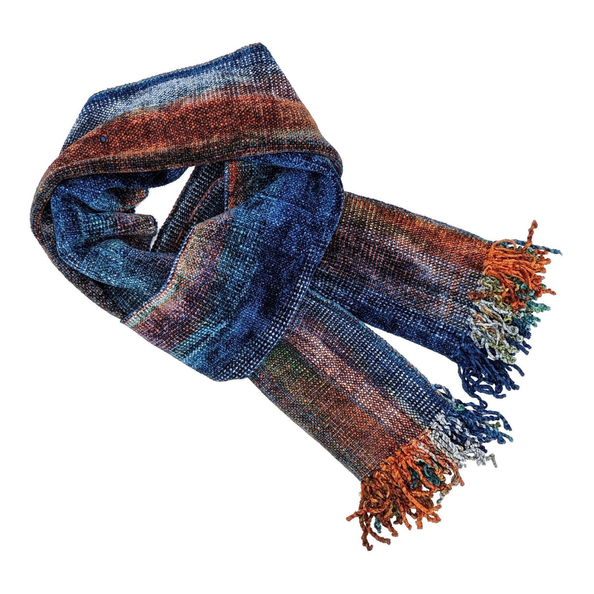 Blue, Orange and Gray Bamboo Chenille Handwoven Scarf 8 x 68 - A Thread of Hope Guatemalan Fair Trade