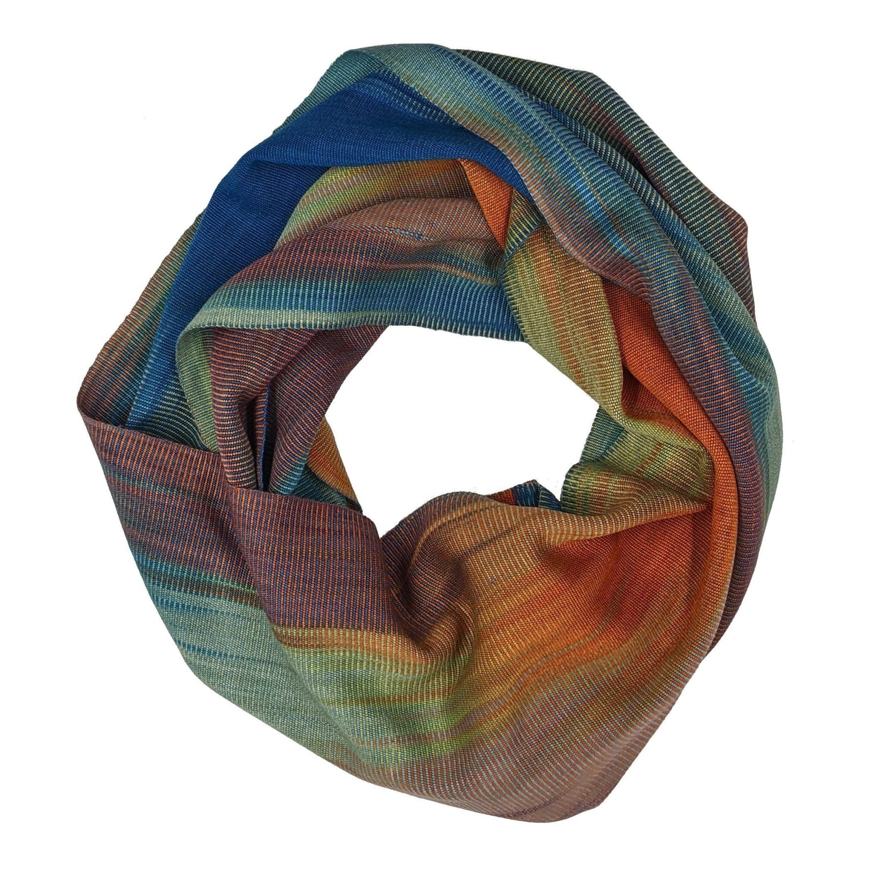 Blue, Orange and Gray Lightweight Bamboo Handwoven Infinity Scarf 11 x 68 - A Thread of Hope Guatemalan Fair Trade