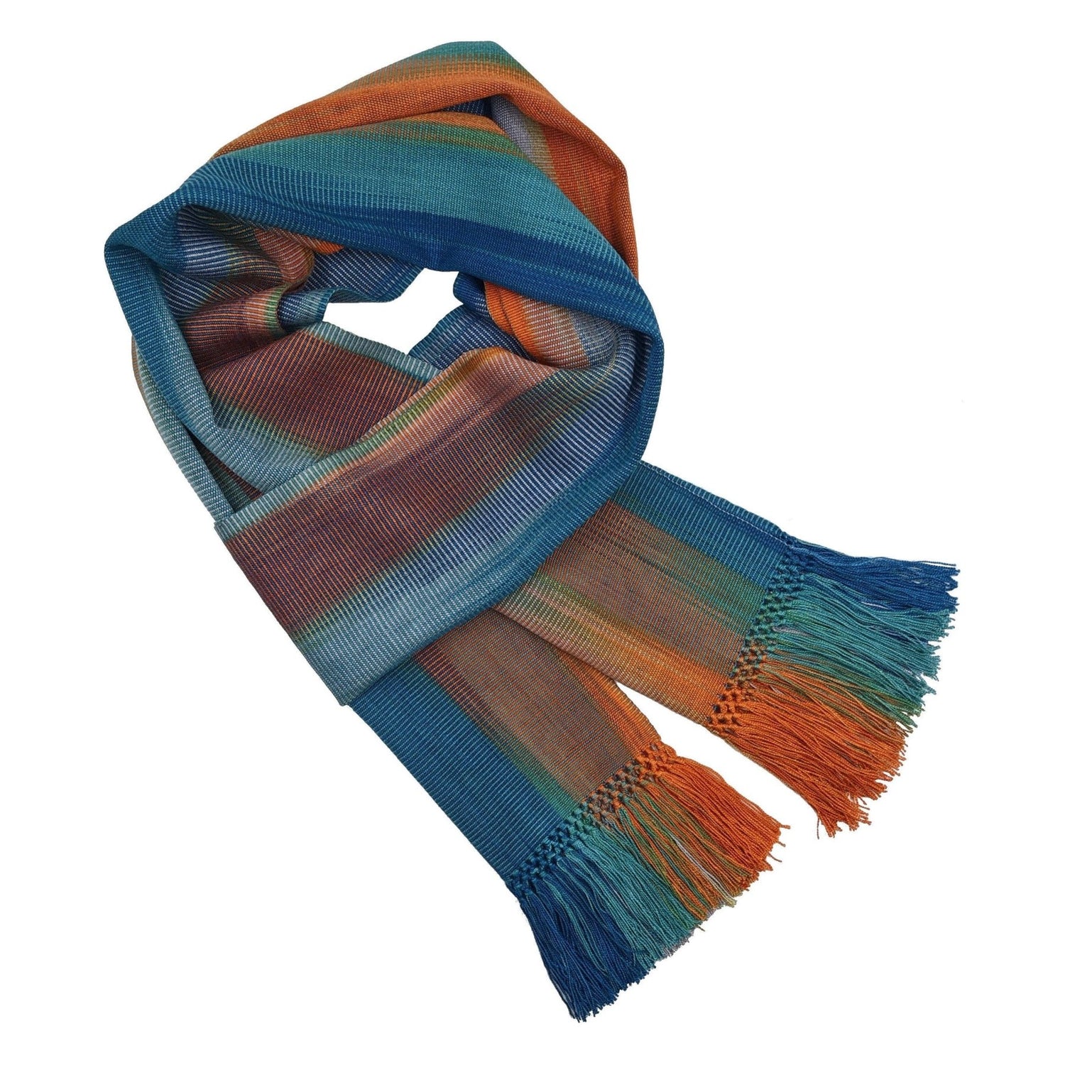 Blue, Orange and Gray Lightweight Bamboo Handwoven Scarf 8 x 68 - A Thread of Hope Guatemalan Fair Trade