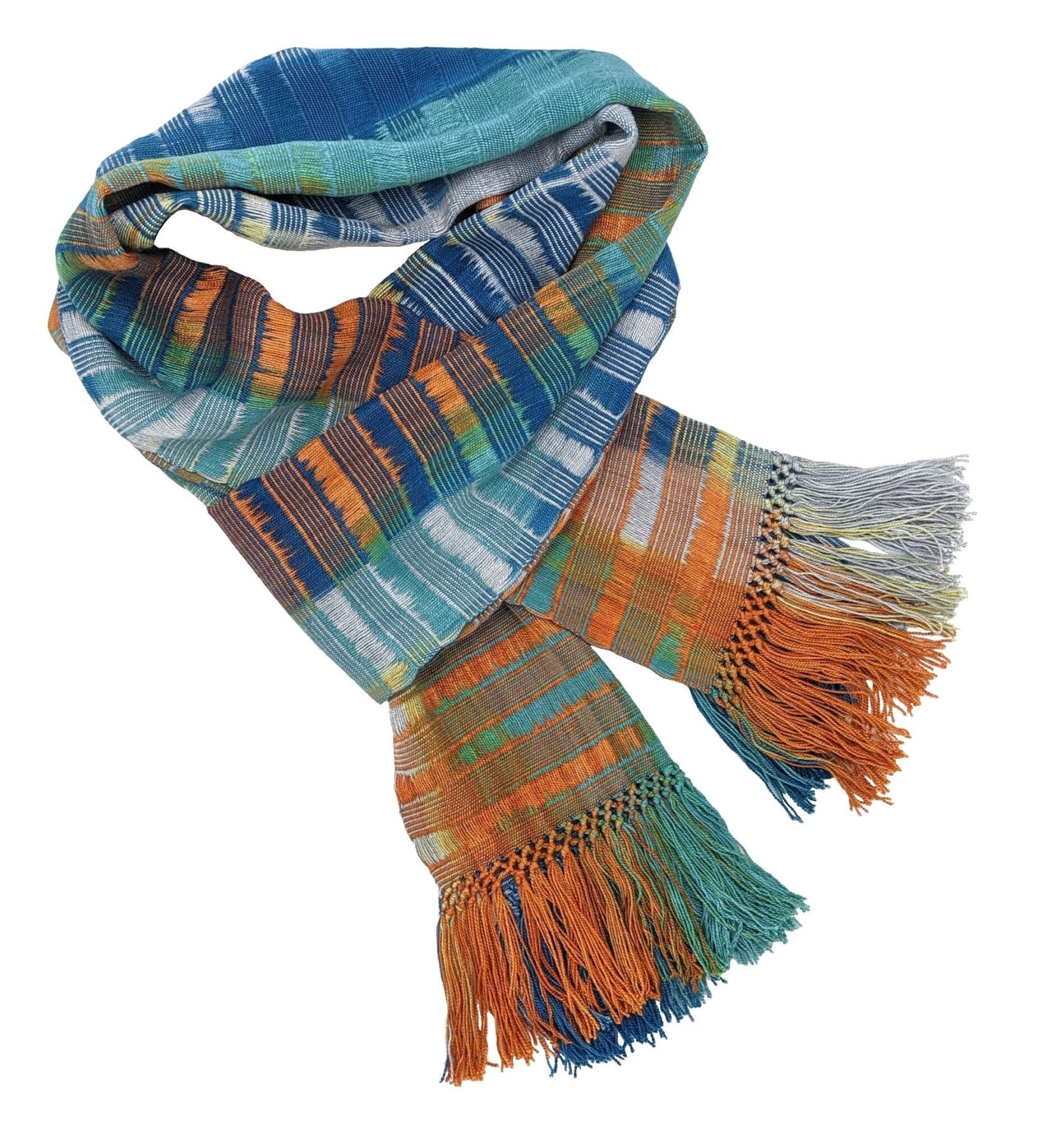 Blue, Orange and Gray Lightweight Bamboo Open - Weave Handwoven Scarf 8 x 68 - A Thread of Hope Guatemalan Fair Trade