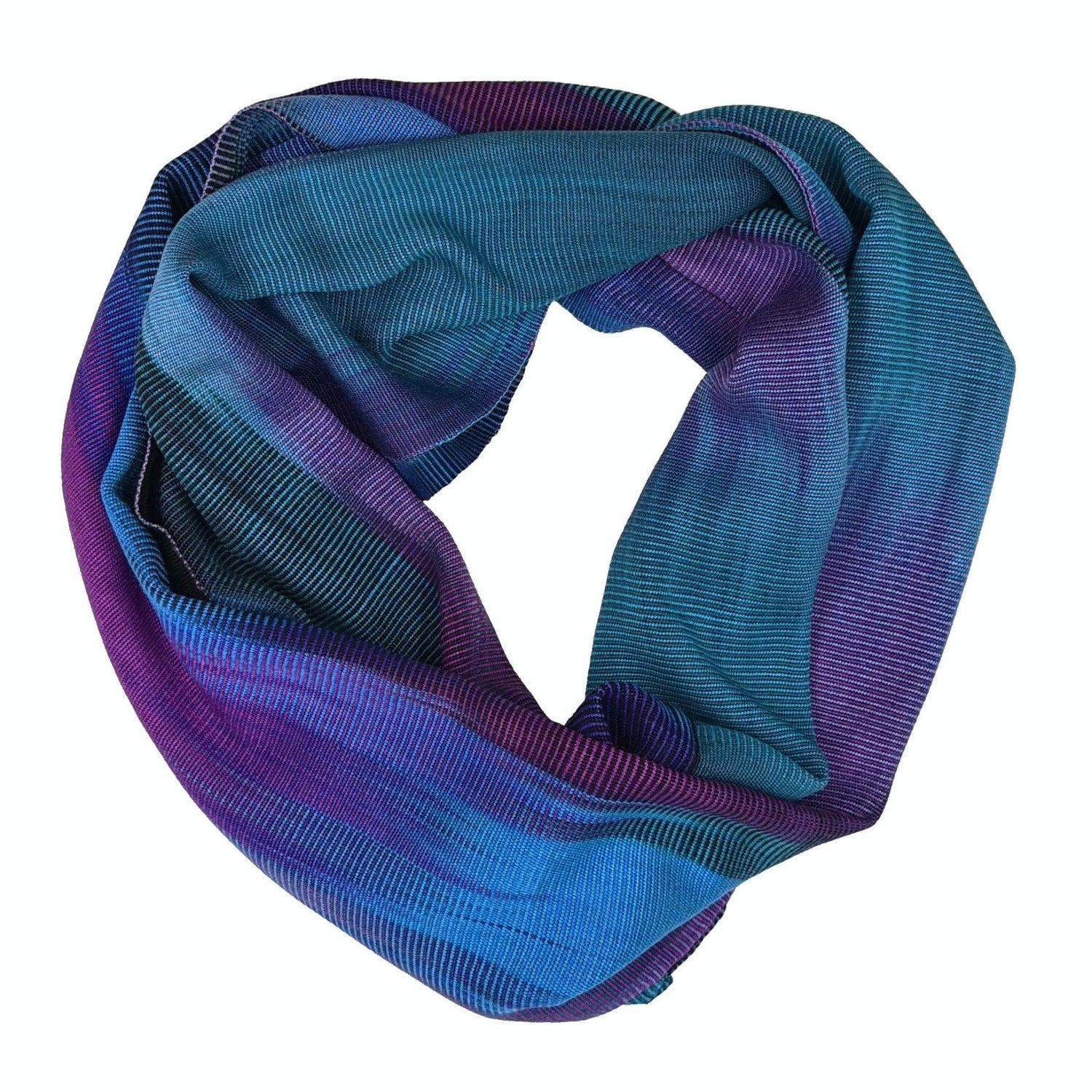 Blue, Teal, Purple and Black Lightweight Bamboo Handwoven Infinity Scarf 11 x 68 - A Thread of Hope Guatemalan Fair Trade