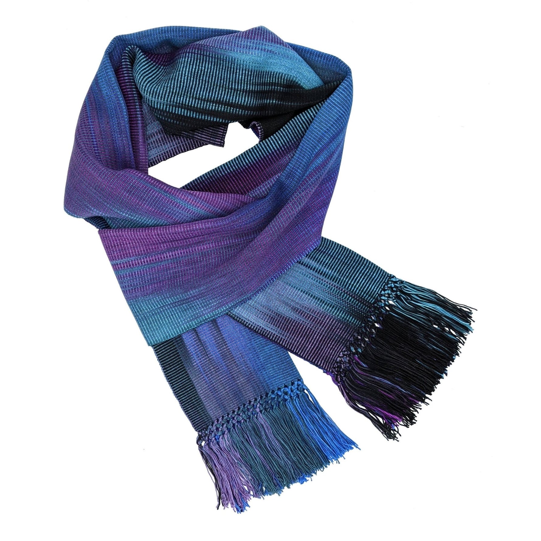 Blue, Teal, Purple and Black Lightweight Bamboo Handwoven Scarf 8 x 68 - A Thread of Hope Guatemalan Fair Trade