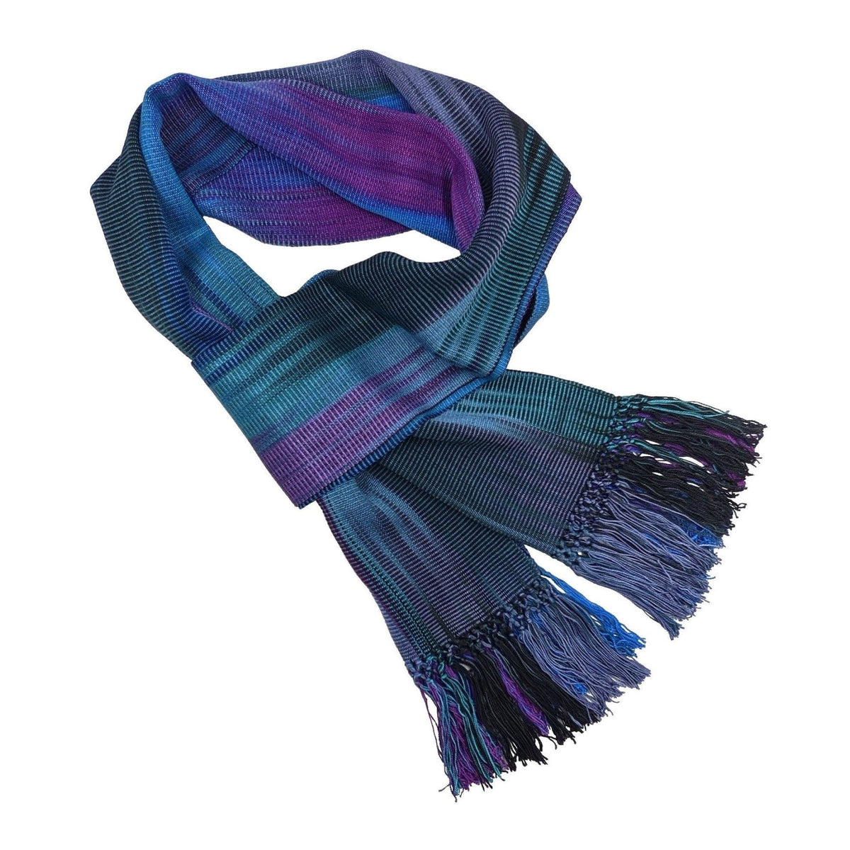 Blue, Teal, Purple and Black Lightweight Bamboo Handwoven Scarf 8 x 68 - A Thread of Hope Guatemalan Fair Trade