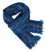 Blue with Rainbow Ornamental Yarn and Purple Bamboo Chenille Handwoven Scarf 8 x 68 - A Thread of Hope Guatemalan Fair Trade