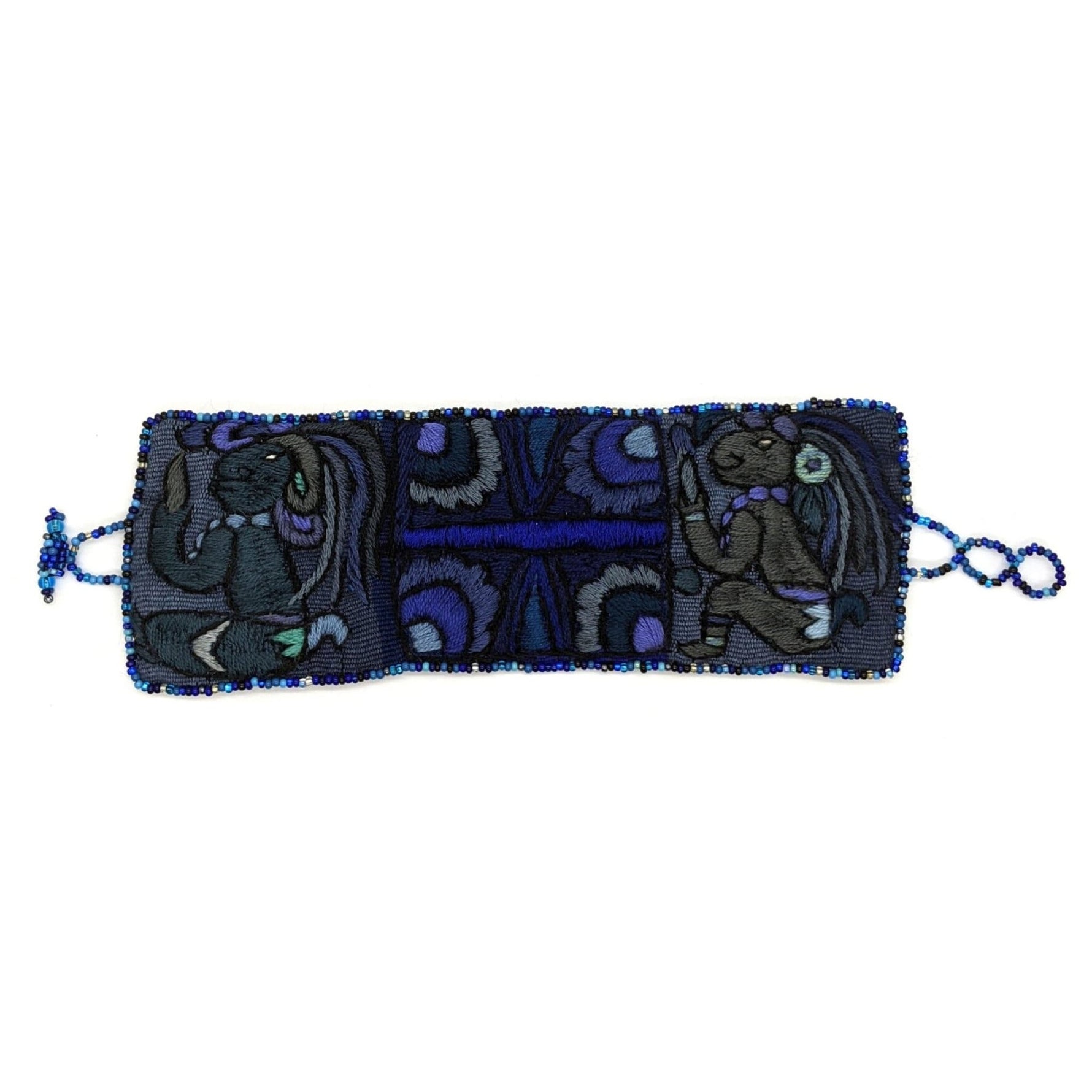 Blues and Grays Maya Gods and Symbols Hand - Embroidered Bracelet with Glass Beads Closure - A Thread of Hope Guatemalan Fair Trade