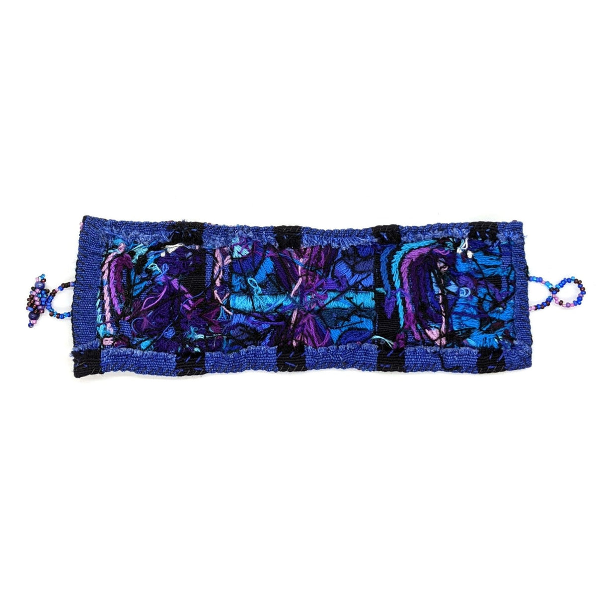 Blues and Purples Maya Gods and Symbols Hand - Embroidered Bracelet with Glass Beads Closure - A Thread of Hope Guatemalan Fair Trade