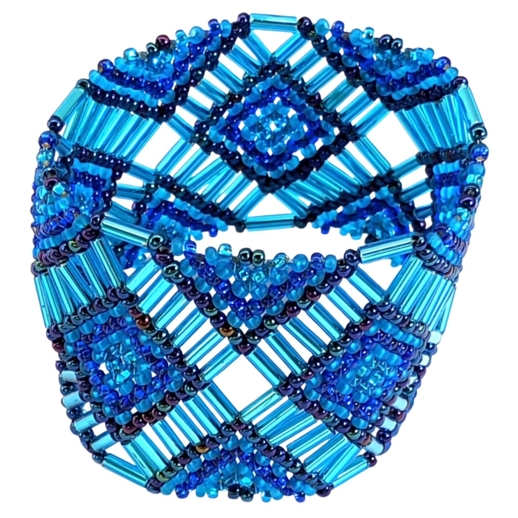 Blues Beaded Elastic Geometric Cuff - A Thread of Hope Guatemalan Fair Trade